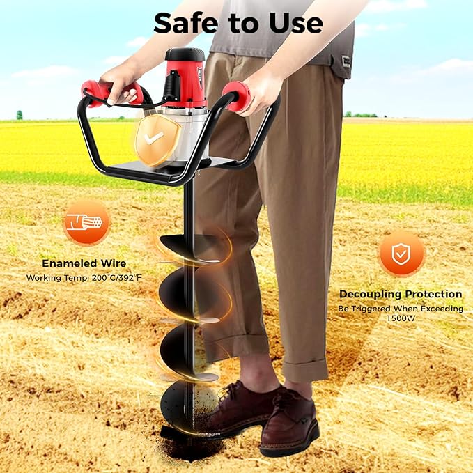 Post Hole Digger, 1500W Electric Post Hole Auger Earth Auger Digging Dril Digging Machine with 6" Digging Auger Bit and Extension Bar Set for Planting, Trenching in Garden (1500W,1x6" Drill)