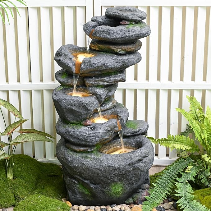 38" Outdoor Garden Water Fountain with Lights 5 Tiers Cascading Large Waterfall Floor Standing Fountain for Patio, Backyard, Deck, Porch and Home Art Decor