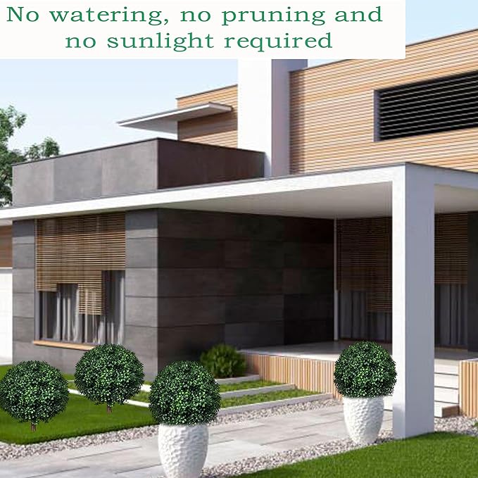 Artificial Boxwood Topiary Ball Tree Outdoor Set of 2,Artificial Boxwood Plants with Ground Spike,Faux Shrubs Fake Evergreen Tree UV Resistant,Diameter 17"