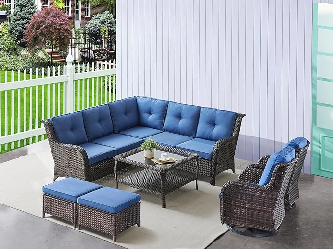 HUMMUH 8 Piece Patio Furniture PE Wikcer Outdoor Furniture Set with Sectional Sofa Swivel Patio Chairs Ottomans and Glass Coffee Table for Yard,Garden,Lawn
