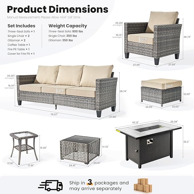 ovios 7 Pieces Patio Furniture Set with 42" Fire Pit Table, Outdoor Sofa Couch with Solar Lights Table Comfy Cushions, Modern Deep Seat Wicker Rattan Conversation Set, Beige