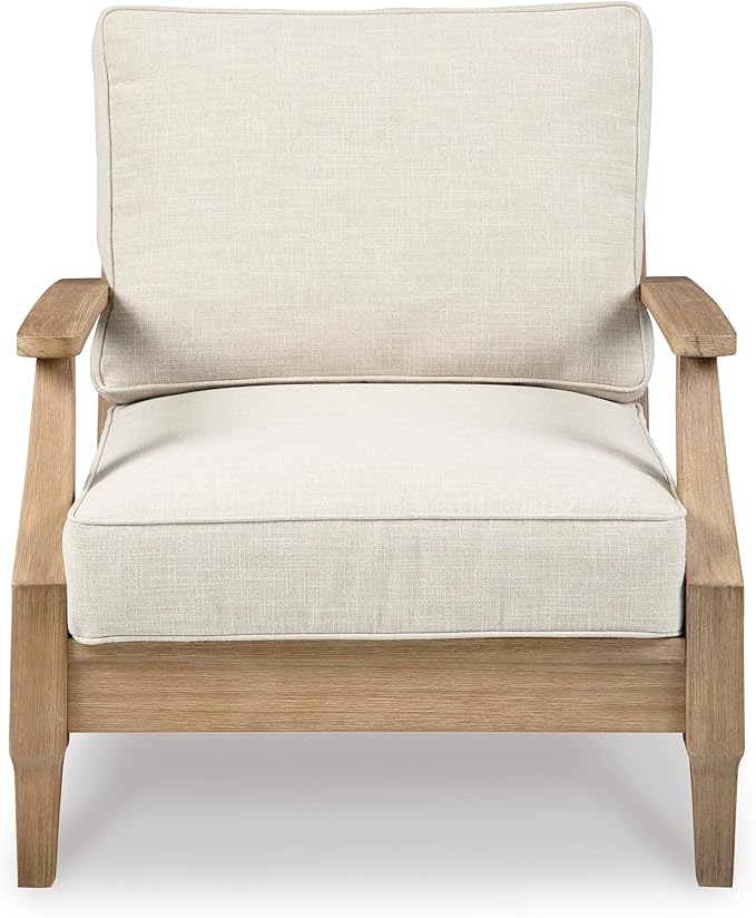 Signature Design by Ashley Carter Hall Outdoor Eucalyptus Patio Lounge Chair with Cushion, Beige