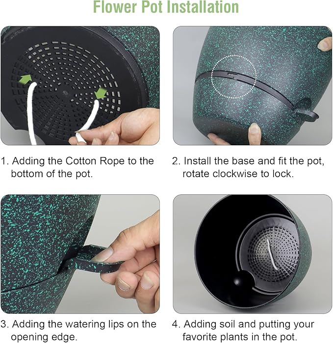 12 inch Large Self Watering Pots for Indoor Outdoor Plants, Flower Plant Pots with Mesh Drainage Holes for Garden House Plants, Plastic Planters for Home Plants, Black with Green Speckles