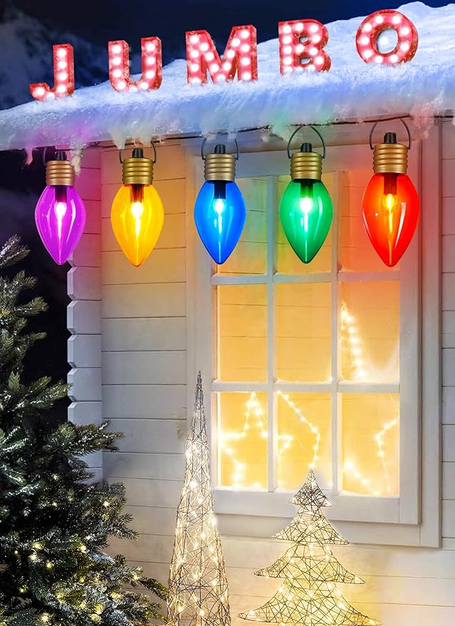 Christmas Lights Jumbo C9 Outdoor Lawn Decorations with Pathway Marker Stakes, 2 Pack 8.5 Feet String Lights Covered Jumbo Multicolored Light Bulb for Holiday Outside Yard Garden Decor, 10 Lights