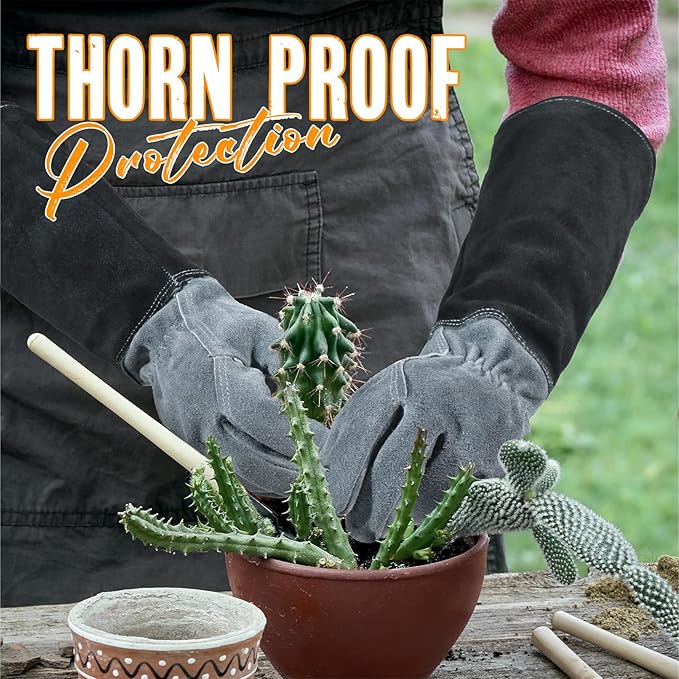 HANDLANDY Long Gardening Gloves for Men & Women, Cowhide Leather Rose Pruning Gloves, Breathable Thorn Proof Gauntlet Glove (Dark Grey-Black, XL)