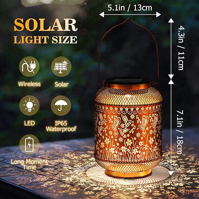 Solar Lanterns Outdoor Hummingbird Garden Decor, Metal Decor Lanterns Gardening Gifts for Women Mom Grandma, Waterproof Hanging Solar Lights for Outside, Patio, Yard, Porch, Backyard