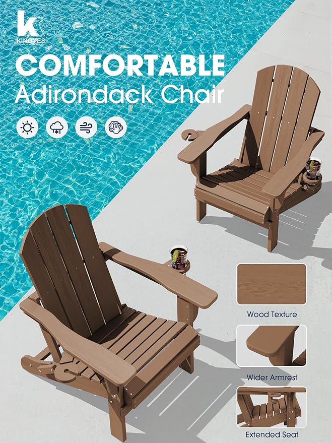 KINGYES Folding Adirondack Chair Set of 2, Dual Cup Holders & All-Weather HDPE, Wood-Like Patio Chair for Backyard, Camping, Pool & Fire Pit, Brown