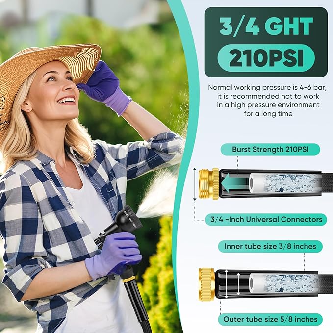 Garden Hose 25FT, Non-Expanding, Lightweight Hose, Leak-Proof Metal Interface, No-Knots, Easy to Carry, Wear-Resistant, Sturdy, Flexible, 3/4GHT, Water Hose for Yard, Garden, NO-Nozzle