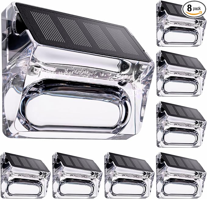 Solar Outdoor Lights 8 Pack, Solar Fence Deck Lights, Waterproof Powered Outside Lighting for Step Railing Wall Pool Stair Yard Garden Patio Pool Decorations