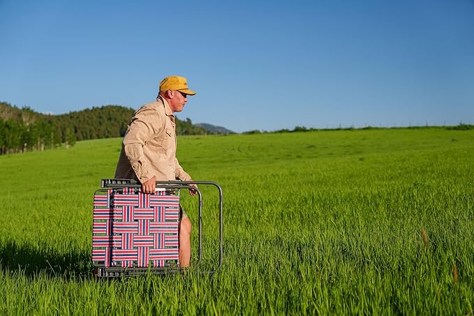 Retro Webbed Camping Chair - Lightweight, Foldable, Durable Steel Frame, 300lb Capacity, Vintage Red/Blue Stripes by Caddis Sports