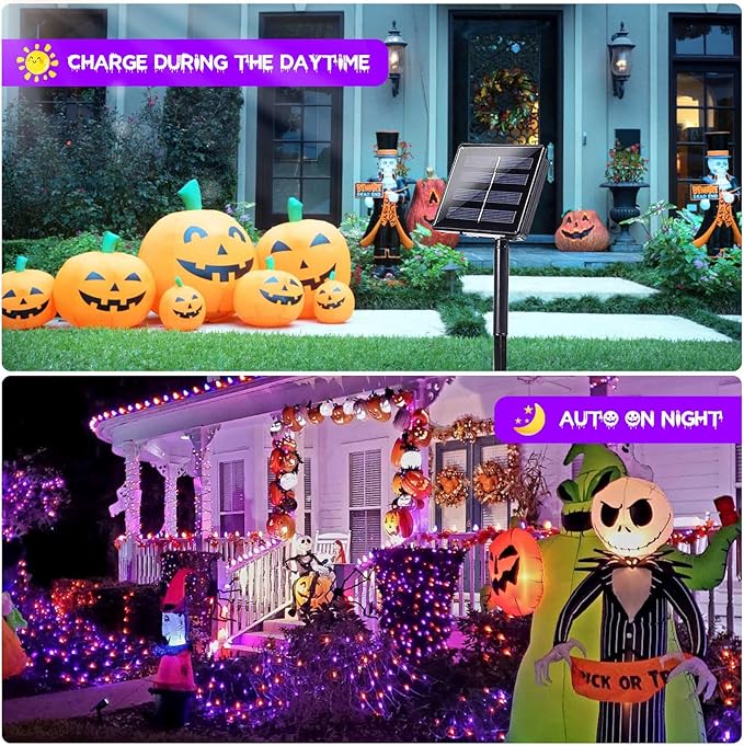 2 Pack 200 LED Solar Halloween Lights Outdoor Waterproof, Solar String Lights for Outside, Solar Tree Light with 8 Lighting Modes for Xmas Party Garden Yard Halloween Decorations (Orange and Purple)