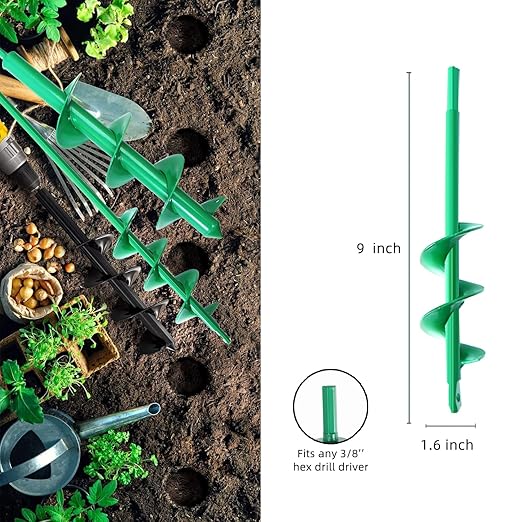 Garden Auger Drill Bit for Planting 1.6x9'',Soil Ground Earth Spiral Drill Bit for 3/8" Hex Drive Drill, Yard Auger Drill Bits for Bulbs Planting, Hole Digger Flowers,Bedding Digging Planter Tool