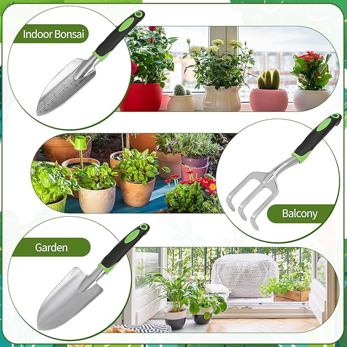 Garden Tool Set, 11 Piece Stainless Steel Heavy Duty Gardening Supplies with Green Black Handle Outdoor Weeding Gifts for Women