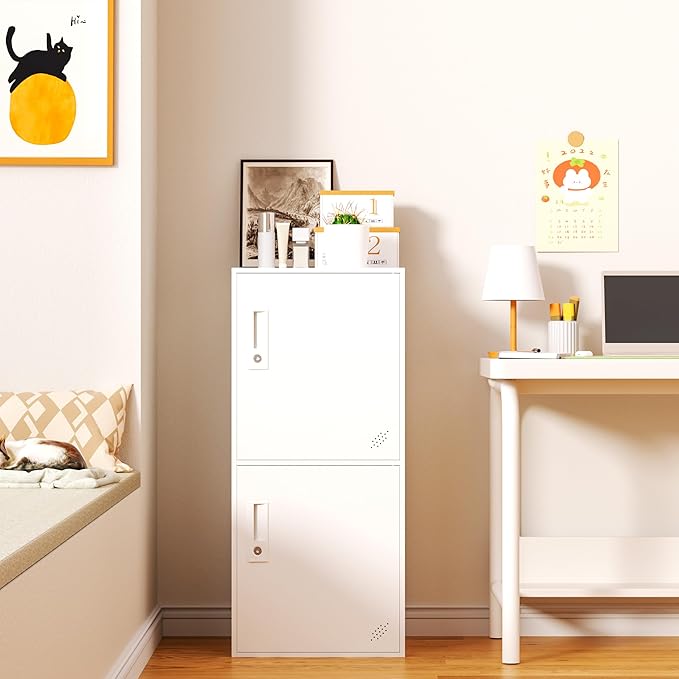 2 Door Vertical Stackable Storage Cabinet with Lock,Anti-Failing Device, Metal Lcoker,Organizer for Office, Home, Gym, School,Employee,Kids. (2D-White)