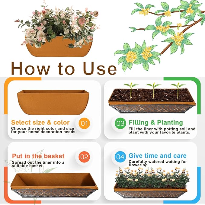 1-Pack 36in Planter Liners - Breathable Felt Hanging Basket and Window Box Liners - Prevent Root Suffocation and Bird Damage - Black