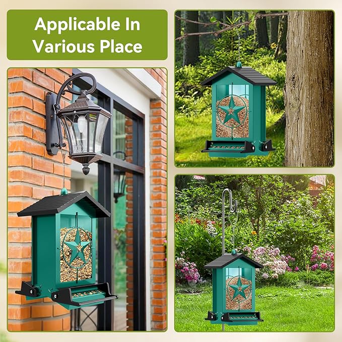 Squirrel Proof Bird Feeder for Outdoors Hanging, Metal Wild Bird Seed Feeder with Bilateral Weight-Activated Perches, 5LB Large Capacity Wild Bird Feeders for Outside Finch, Cardinal, Blue Jay