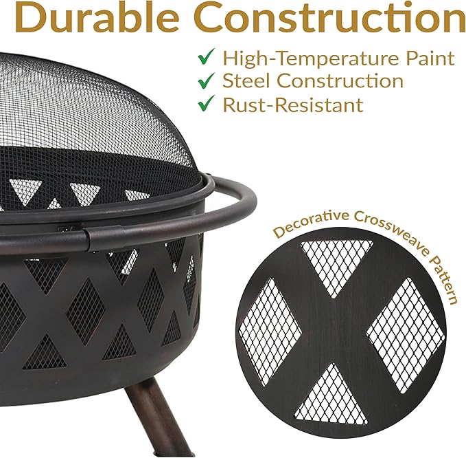 Sunnydaze Crossweave Outdoor Fire Pit - Wood-Burning Fire Pit for Outside with Spark Screen, Poker and Round Cover - 36-Inch - Black