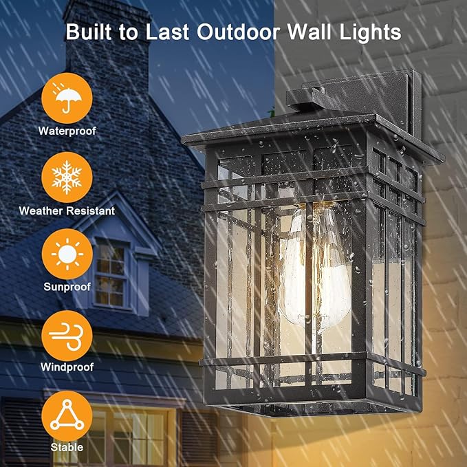 Outdoor Wall Lantern, Exterior Light Fixture, Waterproof Outdoor Wall Lighting Fixture Outside with Seeded Glass for Porch, Garage, Patio, Hallway, Entryway, 2 Pack