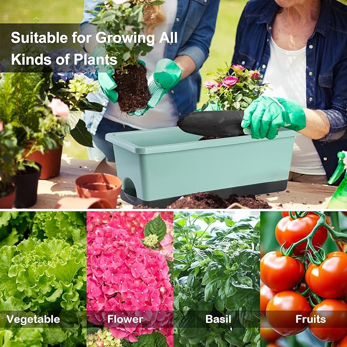 Window Box Planter 8 Pcs, 17 Inches Rectangle Flower Pots with Drainage Holes and Trays, Vegetable Planters for Windowsill Patio Garden Balcony Home Porch Yard Indoor Outdoor