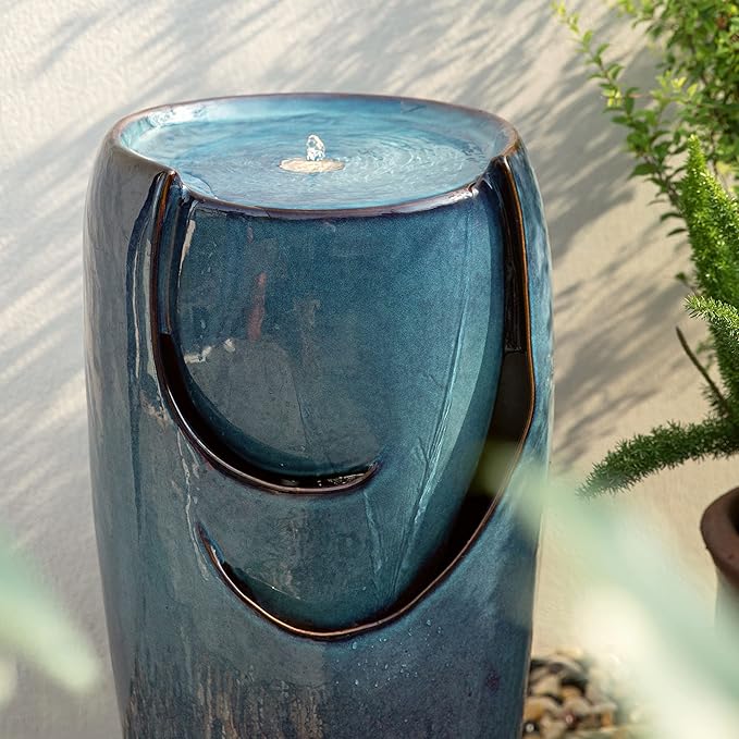Glitzhome 29.25" H Oversized Ceramic Vase Outdoor Water Fountain Tall Patio Garden Water Fountain with LED Light and Submersible Pump Yard Art Decor, Turquoise