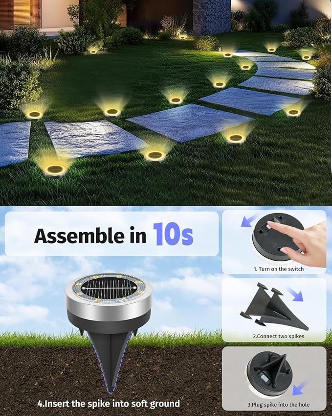 Mini Solar Ground Lights Outdoor 24 Pack Waterproof Upgraded Anti-Rust Solar Flat Garden Lights Stainless Steel Solor Powered Disc Landscape Light for Pathway Walkway Yard Lawn Patio-Warm White