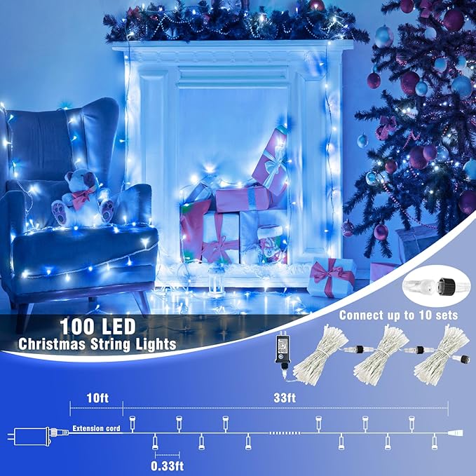 100 LED Christmas Lights Outdoor - 33ft Christmas String Lights 8 Modes Plug in Waterproof Twinkle Fairy Lights with Timer Memory for Indoor Outside Bedroom Home Party Decoration, Blue&White