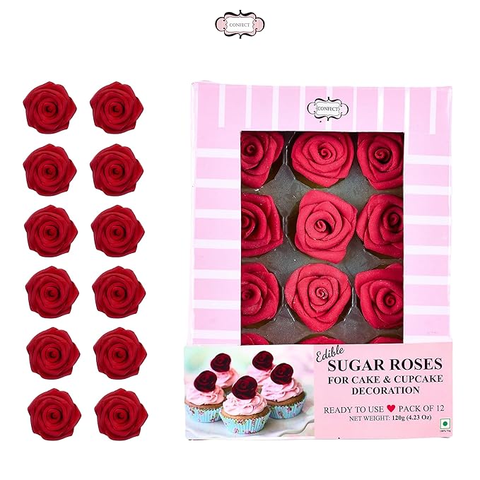 Confect Edible Rose Cake Toppers – Edible Roses for Cupcake & Cake Decorations- Vegan, Gluten-Free, Dairy-Free, Palm Oil-Free -Edible Viva Magenta Roses - Pack of 12