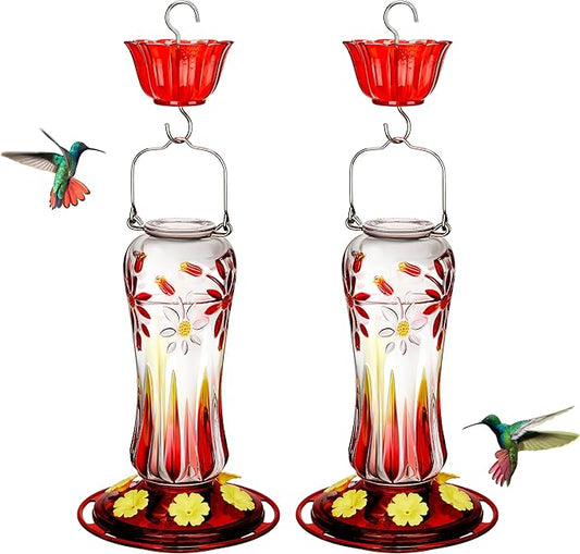 Kingsyard 2 Pack Glass Hummingbird Feeders for Outdoors Hanging, Hummingbird Nectar Feeder with Ant Moat & 6 Feeding Ports, 25 Oz Leak Proof, Red