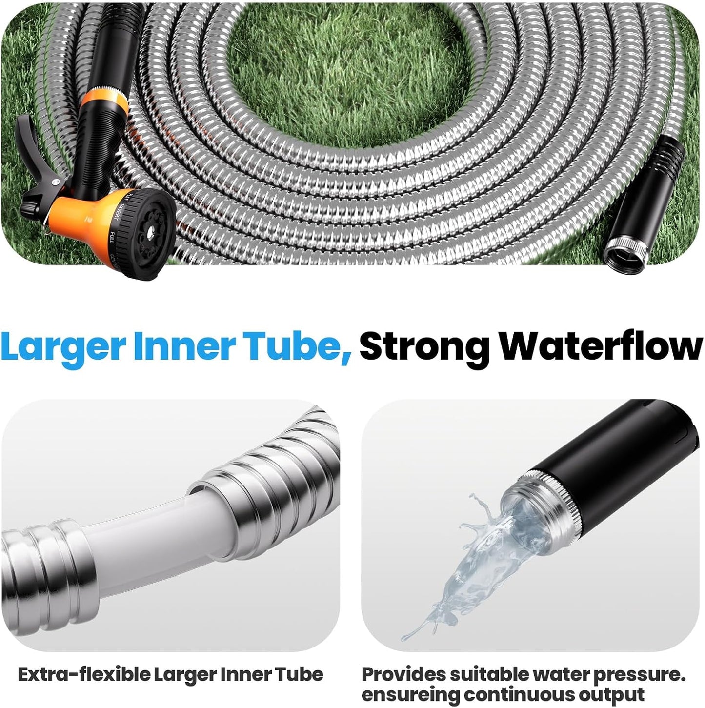Garden Hose Metal 25 FT, Flexible Stainless Steel Water Hose with 10 Function Nozzle, Kink Free, Lightweight & Durable, Crush Resistant Fitting, Puncture Proof Hose for Yard, Rv, 600 PSI 2025 New