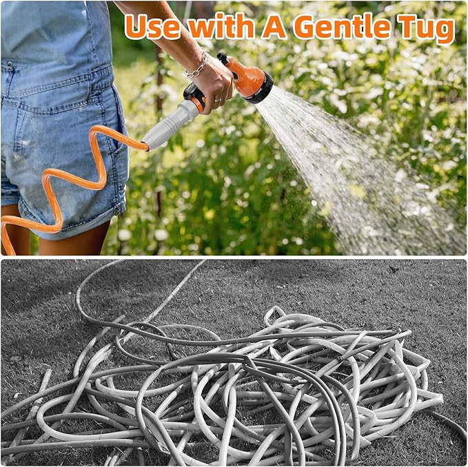 3/8” Lightweight Coil Garden Hose 100 FT, EVA Retractable Curly Water Pipe with 6-Pattern Spray Nozzle for Boat, Greenhouse, Yard, Patio (Orange)
