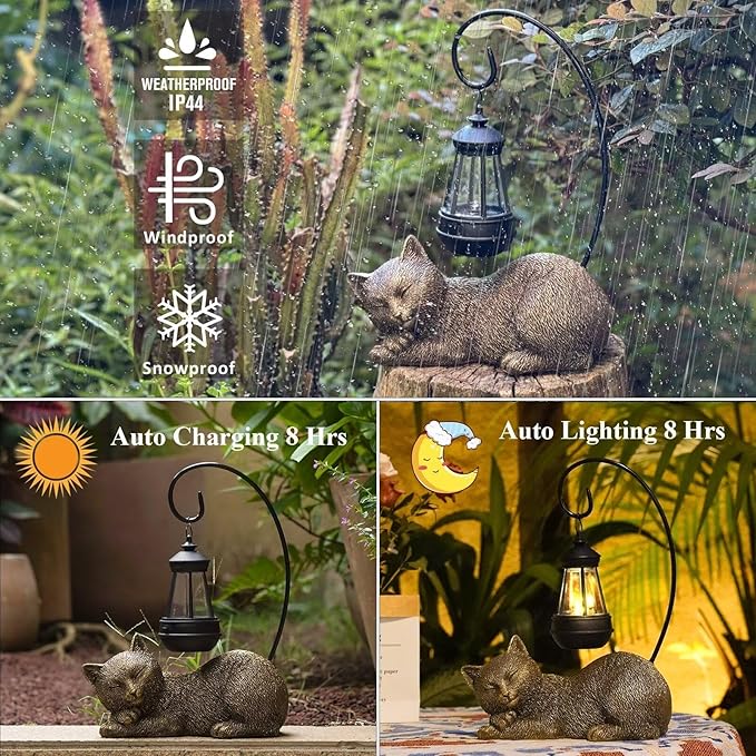 Cat Statue for Garden - 13' Sleeping Cat Figurines Solar Light Resin Garden Statues with Large Lantern Outdoor Waterproof Lawn Porch Ornament Decor, Gift for Mom