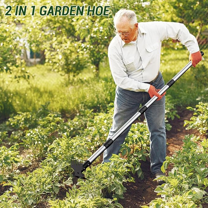 Long Handle Weed Puller Tool – 2-in-1 Handle Garden Hoe and Weed Rake, Hoe Garden Tool for Home Gardens, Lawns, and Yards