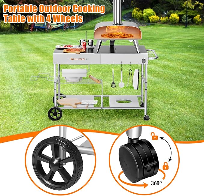 Outdoor Pizza Oven Table for Ninja Woodfire, Blackstone Tabletop Grill, Portable Grill Cart & Food Prep Work Table, Movable Pizza Oven Cart for Backyard BBQ and Patio Parties