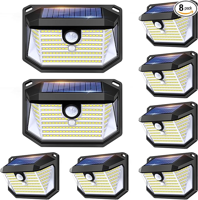 Solar Lights Outdoor Motion Sensor, 178 LED 300LM Waterproof IP65, Wall Mounted Security Light with 3 Modes, 270° Wide AngleWide Angle, Solar Powered for Garden, Yard, Patio, Front Door(8Pack)