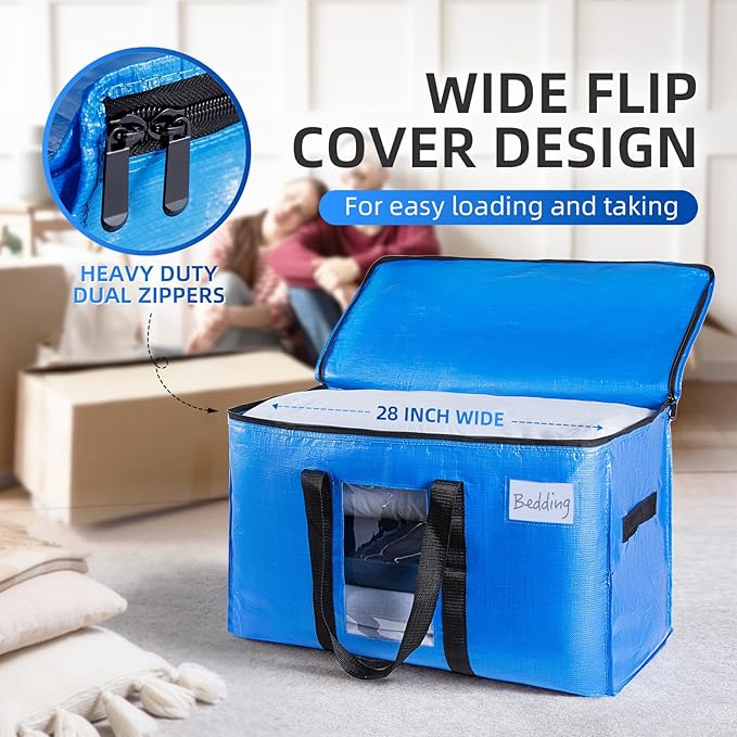 TAILI Extra Large Moving Bags, 2 Pack Blue Heavy Duty Totes For Storage with Visible Window, Wrap Around Handles, Storage Bags for Space Saving, Alternative to Moving Boxes