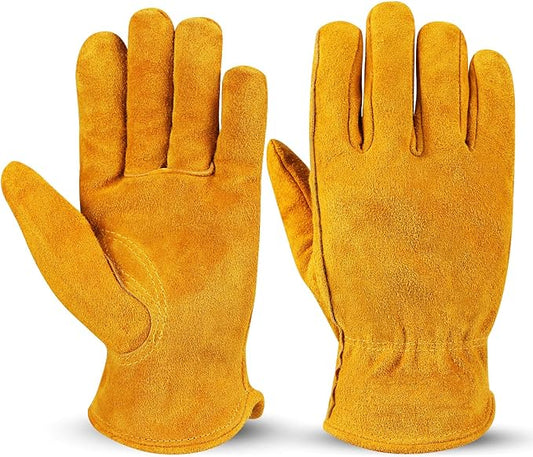 OZERO Leather Work Gloves Flex Grip Tough Cowhide Gardening Glove for Men and Women (Medium, Gold With Mesh Linning)