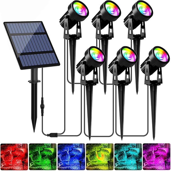 T-SUNUS Halloween Solar Spot Lights Outdoor Color Changing 6-in-1, RGB Landscape Spotlights Pond Lighting Waterproof IP65 Wall Lamp 9.8ft Cable for Christmas Tree Patio Pathway Yard Garden Holiday