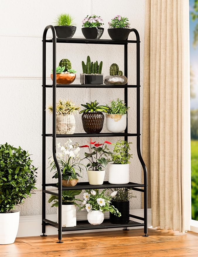 5-Tier Metal Plant Stand Indoor Outdoor, Waterproof Flower Stand for Multiple Pots, Heavy Duty Plant Stands for Living Room Patio Garden Decor, Tall Plant Shelf with Leveling Feet, Black