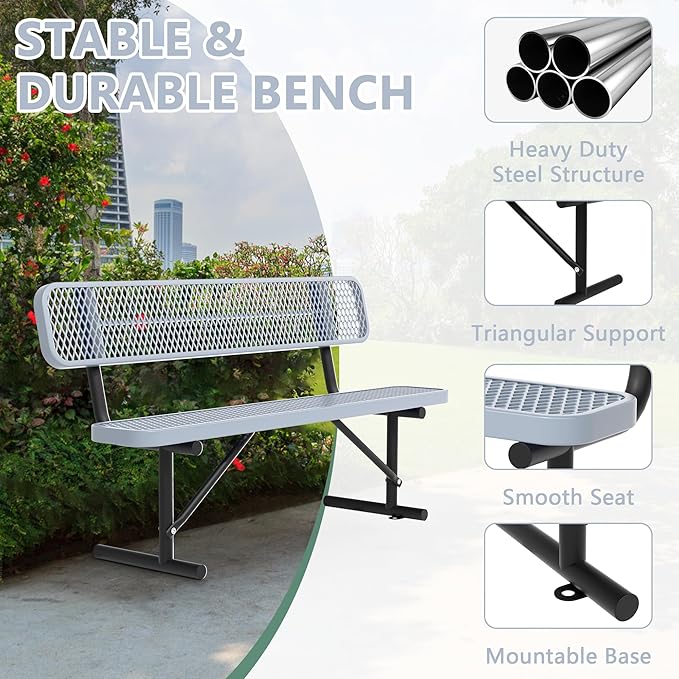 Heavy Duty Park Bench with Back Portable Frame, Outdoor Steel Bench with Backrest, Outdoor Park Bench Expanded Metal Mesh Bench for Lawn, Park, Deck, Garden, Patio, Porch, Black (Gray, 8FT)