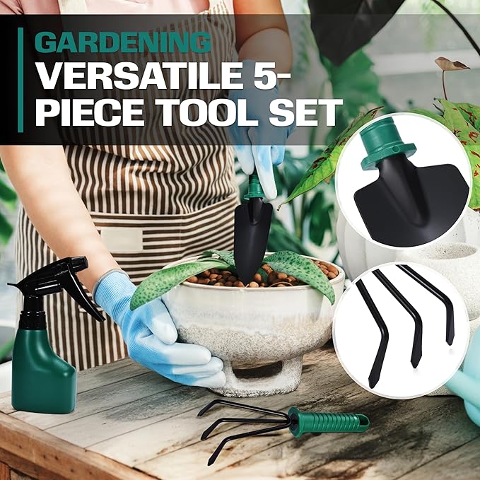 2wayz Garden Tool Set - 5-Piece Durable Gardening Hand Tools - 3x12x7-inch Gardening Kit with Portable Box and Carrying Case - Small Garden Planting Tools - Garden Essentials - Gift for Garden Lovers