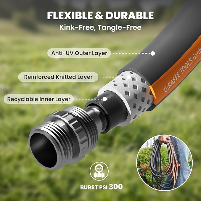 Giraffe Tools Garden Hose 50FT, 5/8" Lightweight Lay Flat Water Hose, Custom Length, Flexible, Leakproof Hybrid Hose Pipe with Male to Female Fitting