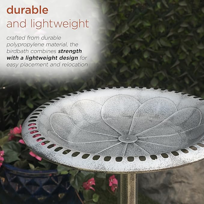 Alpine Corporation TEC116GR Outdoor Pedestal Birdbath w/Scrollwork Base and Stakes, Elegant Birdbath for Garden, 28" H, Gray