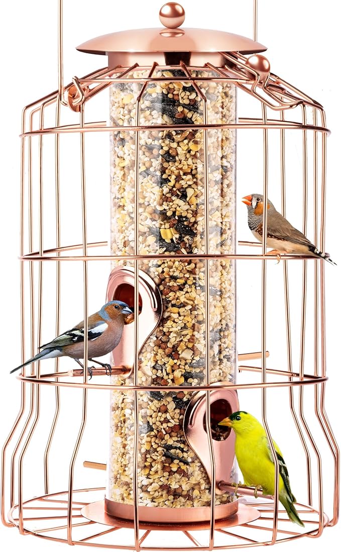 Squirrel Proof Bird Feeder for Outdoors Hanging (Metal Rose Gold) Bird Feeder with 4 Ports, Chew-Proof & Weather Resistant, Backyard Gift (10.25 x 6.25 x 6.25 inches)