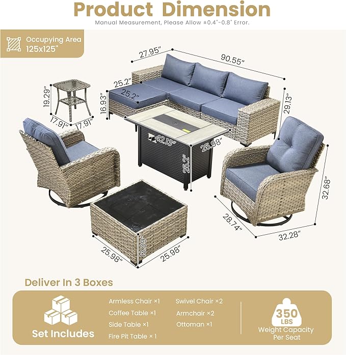 HOOOWOOO Outdoor Sectional Furniture Set with Fire Pit Table,9 Pieces Wicker Patio Conversation Sets,L Shape All Weather Outside Couch Sofa Set with Swivel Chairs Solar Light Table Ottoman,Denim Blue
