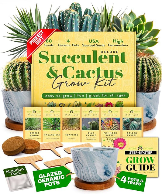 HOME GROWN Deluxe Succulent & Cactus Seed Grow Kit - Complete Indoor Plant Kit with Cactus Seeds, Potting Soil, Ceramic Pots, Drip Trays, and Grow Guide for Plant Enthusiasts