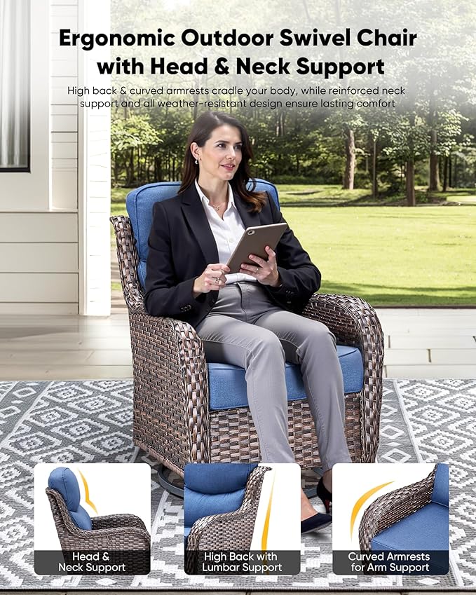 HUMMUH Wicker Patio Furniture Set 6 Inch Thick Cushion Outdoor Swivel Rocker Patio Chairs with Deep Seat Sofa 5PCS Outdoor Furniture Set for Porch Garden Deck