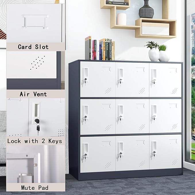 9 Door Metal Storage Locker for Employee,School,Office,Gym,Garage,Locker Cabinet with Lock and Card Slot (9 Door, Grey)