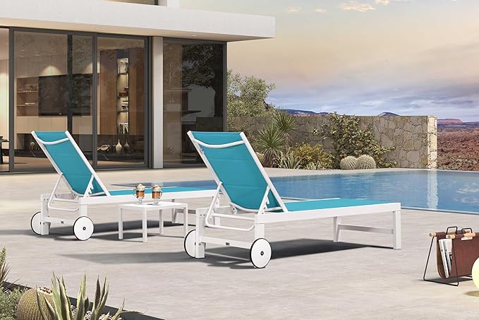 PURPLE LEAF Outdoor Chaise Lounge Set Staight Legs Adjustable Sunbathing Recliner with Side Table for Poolside Beach Outside Patio Aluminum Chaise Lounger Blue