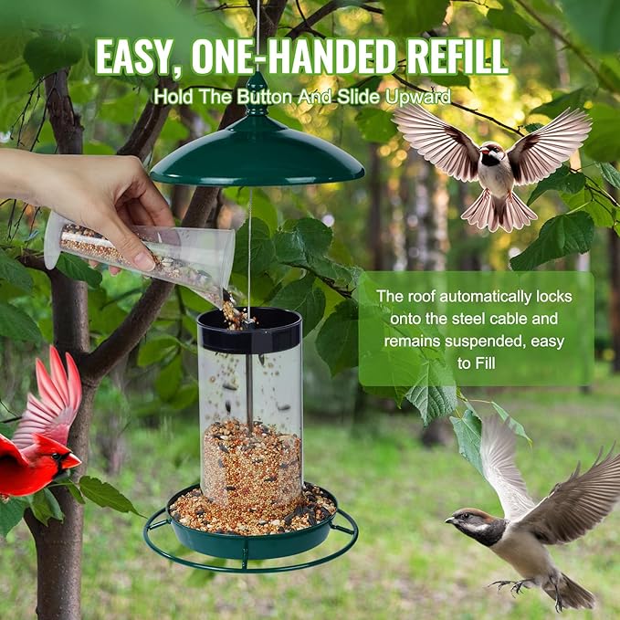 Metal Bird Feeder for Outside Hanging,Wild Bird Feeders for Cardinal, Large Roof and Tray - 6 Port