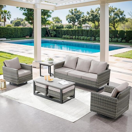 7 Piece Wicker Patio Furniture Set - Outdoor Swivel Rocker Chairs Set with Coffee Table, Side Table, 3 Seat Sofa & Ottomans, Small Patio Conversation Sets for Balcony Deck - Grey/Beige